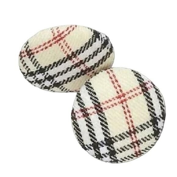 Cream Black and Red Tartan Plaid Fabric Retro Mod Button Earrings - Picture 1 of 1